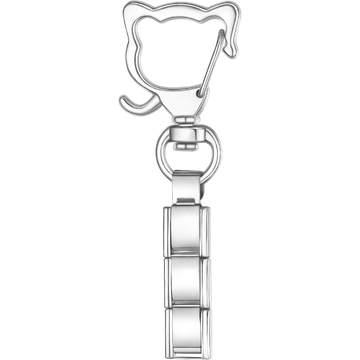 Silver Italian charm key chain with a cat head-shaped clasp at the top and a short segment of blank rectangular links below.